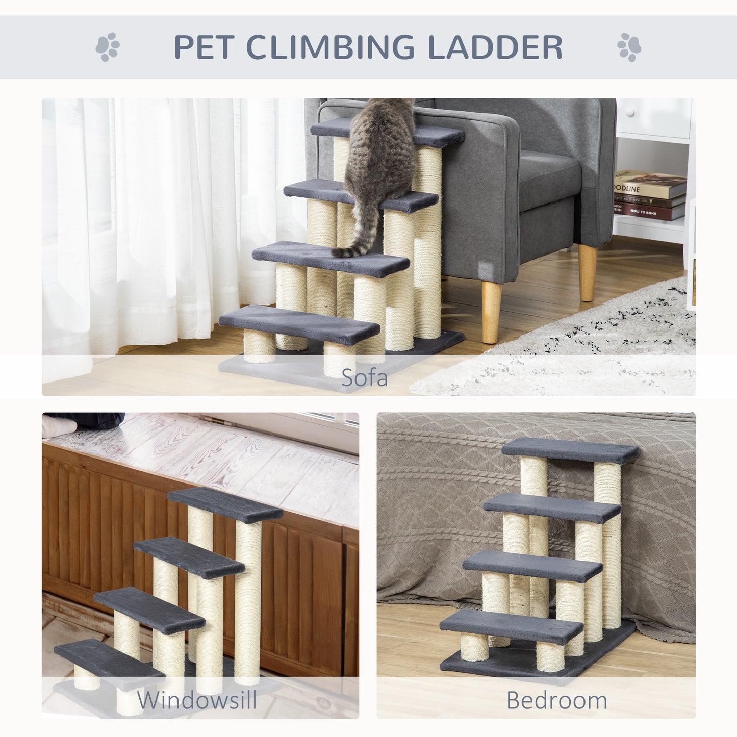 4-Tier Pet Stairs: Dark Grey Dog/Cat Steps with Kitty Scratching Post