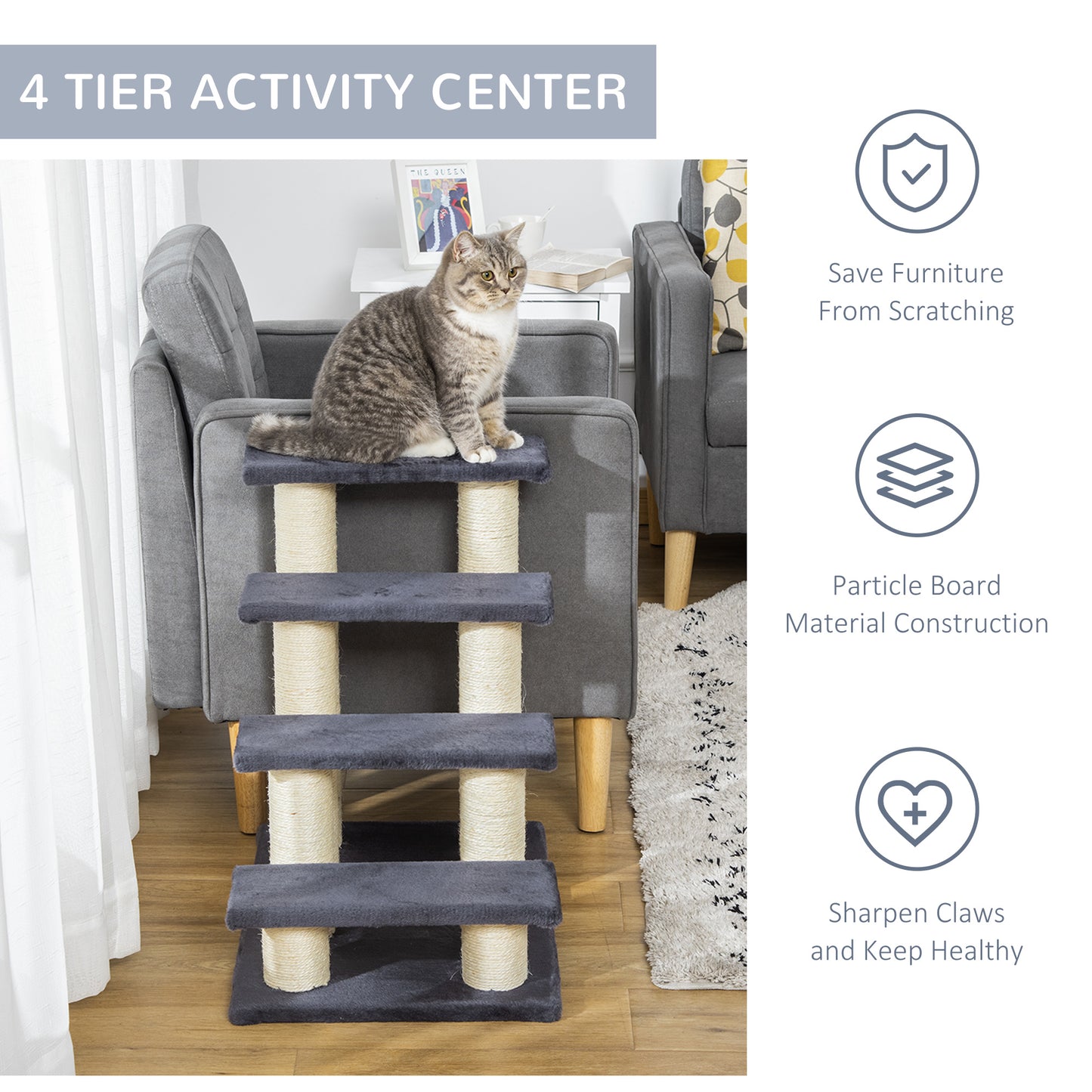 4-Tier Pet Stairs: Dark Grey Dog/Cat Steps with Kitty Scratching Post