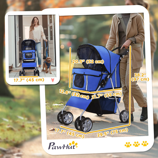 Four Wheel Dog Pet Stroller Carrier Folding Sunshade Canopy with Brake