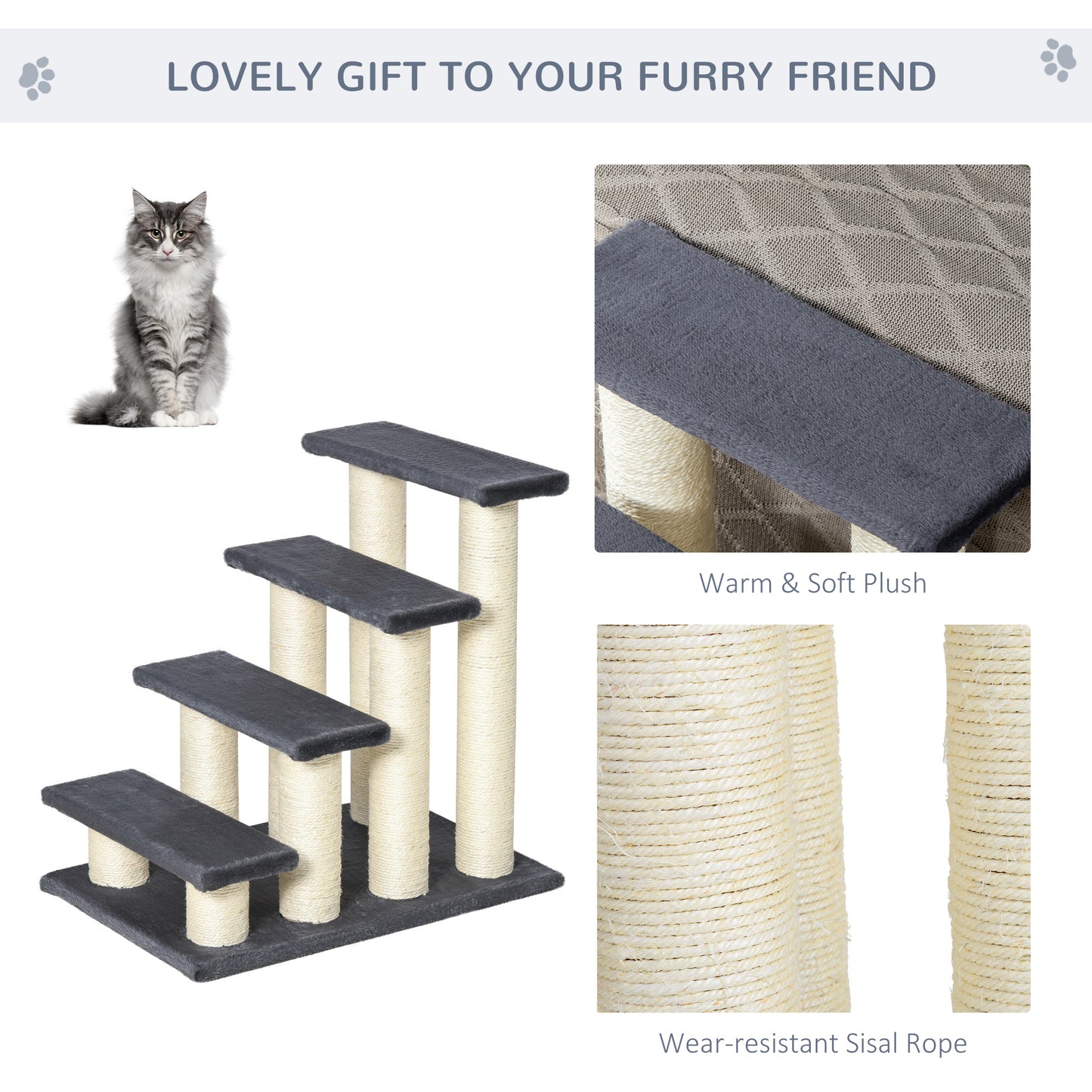4-Tier Pet Stairs: Dark Grey Dog/Cat Steps with Kitty Scratching Post