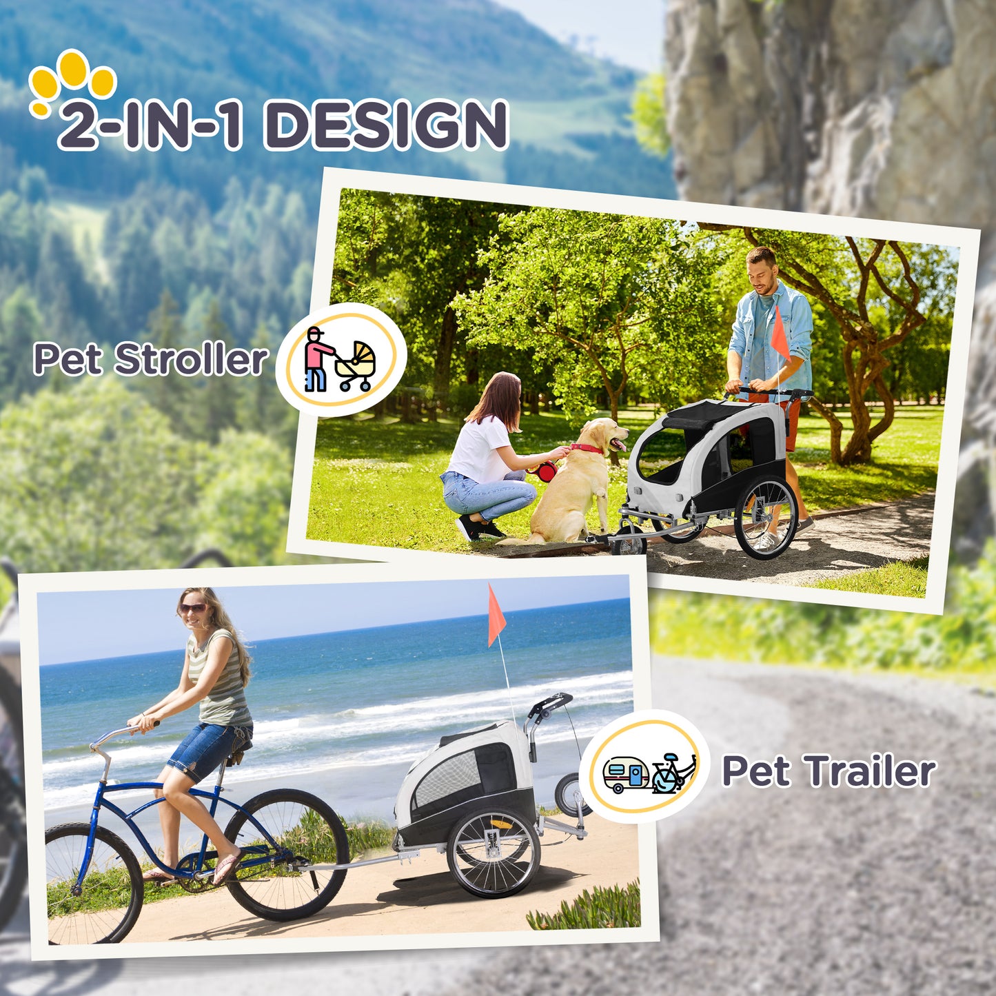 Elite II Dog Bike Trailer 2-In-1 Pet Stroller Cart Bicycle Wagon Cargo