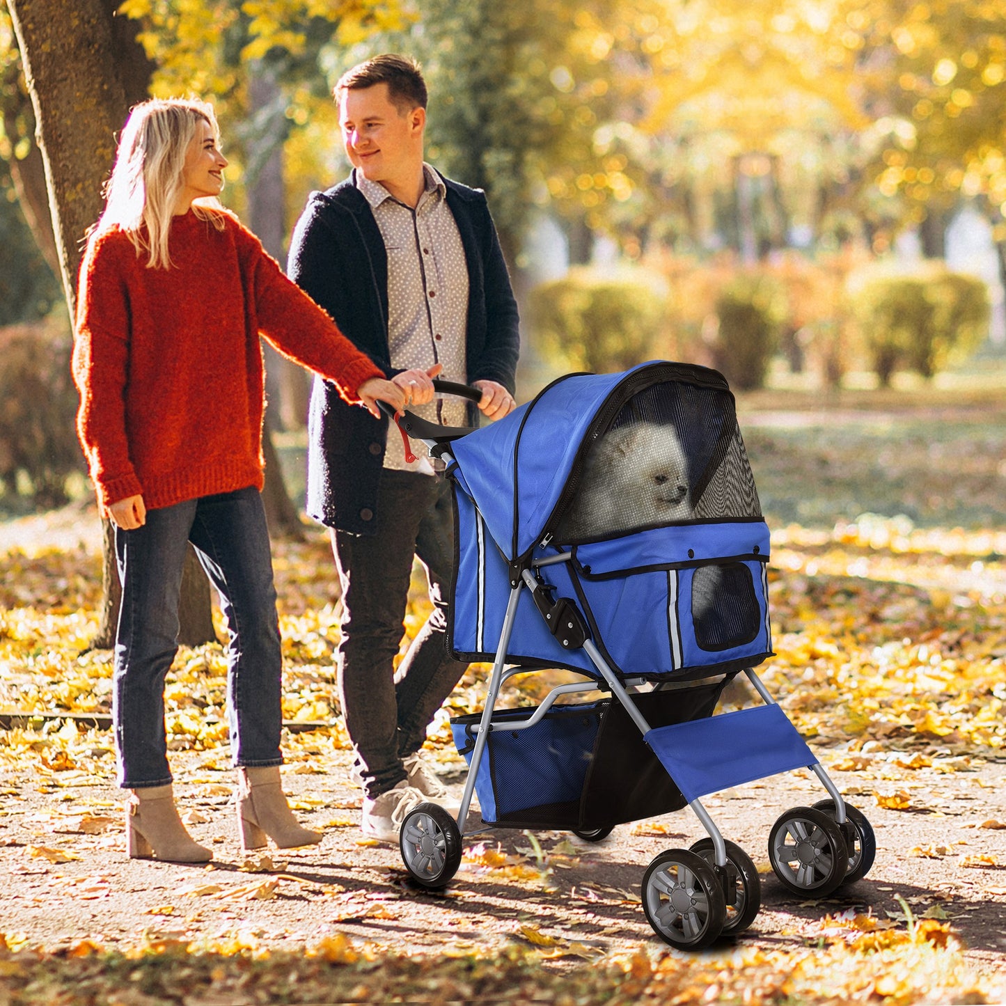 Four Wheel Dog Pet Stroller Carrier Folding Sunshade Canopy with Brake
