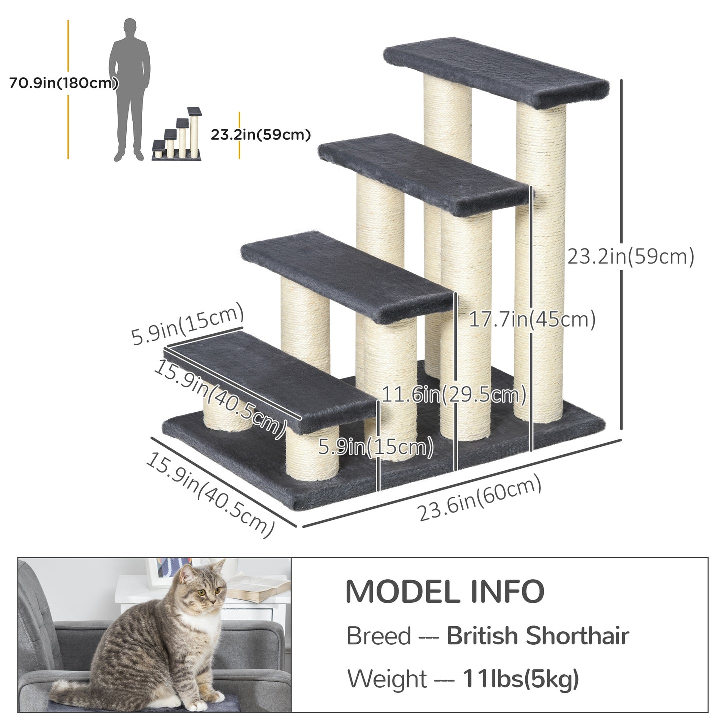 4-Tier Pet Stairs: Dark Grey Dog/Cat Steps with Kitty Scratching Post
