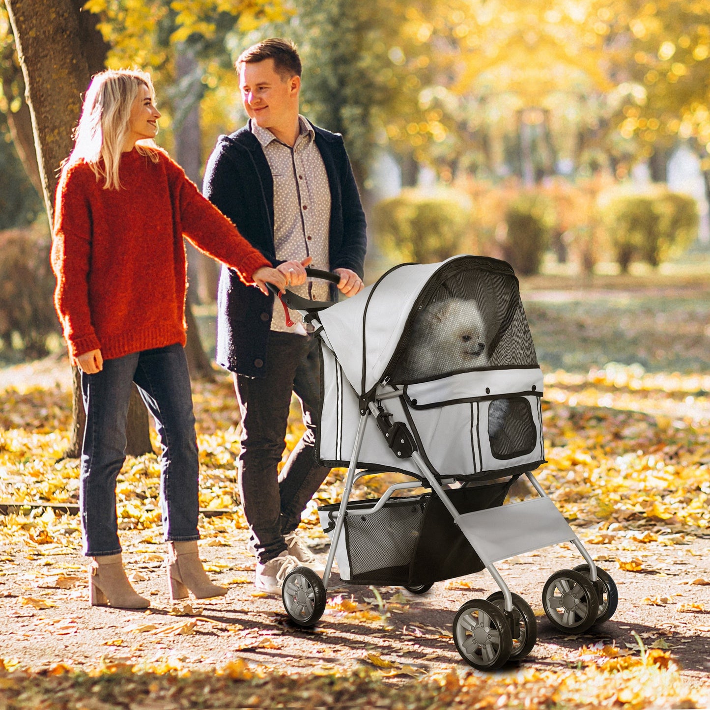 Four Wheel Dog Pet Stroller Carrier Folding Sunshade Canopy with Brake