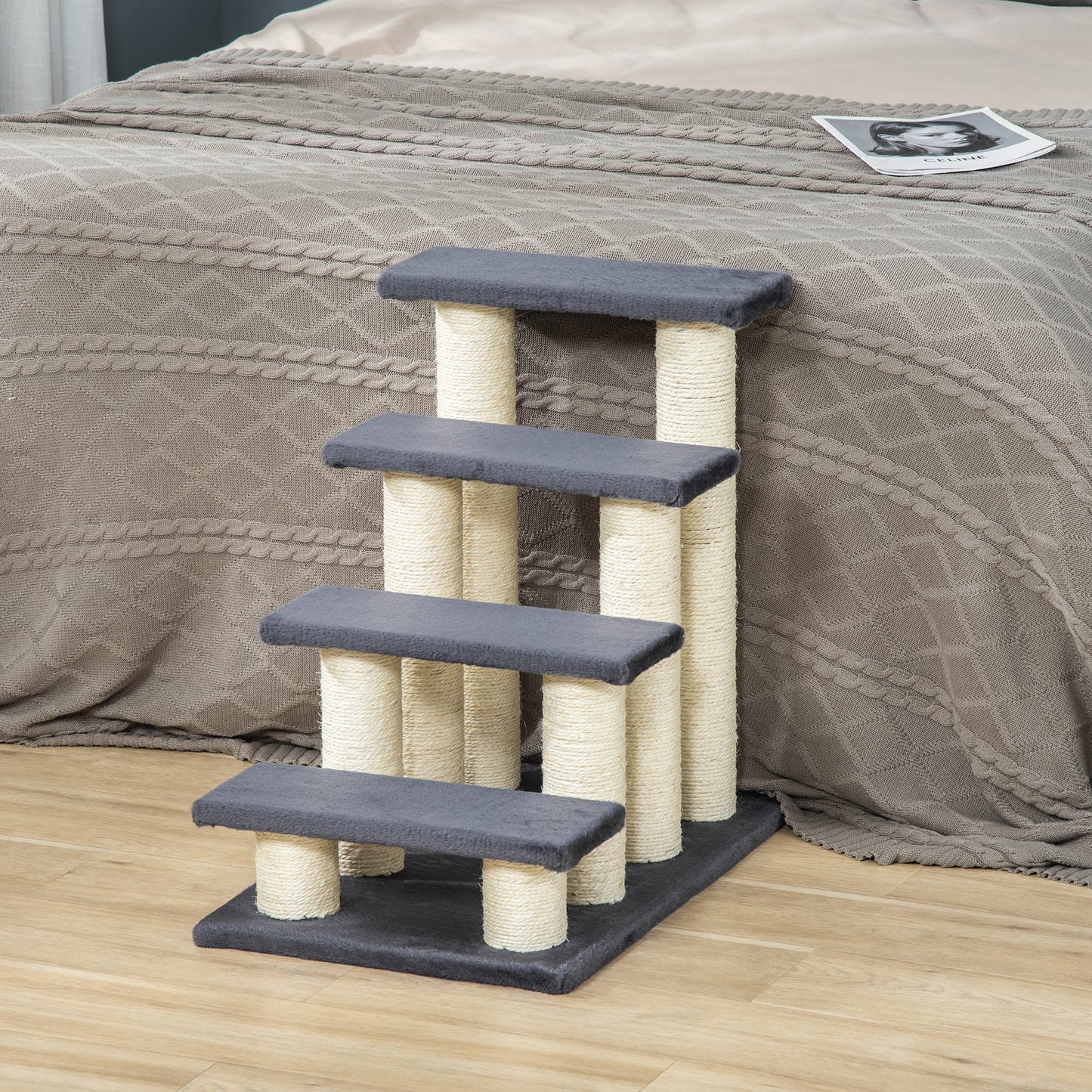 4-Tier Pet Stairs: Dark Grey Dog/Cat Steps with Kitty Scratching Post
